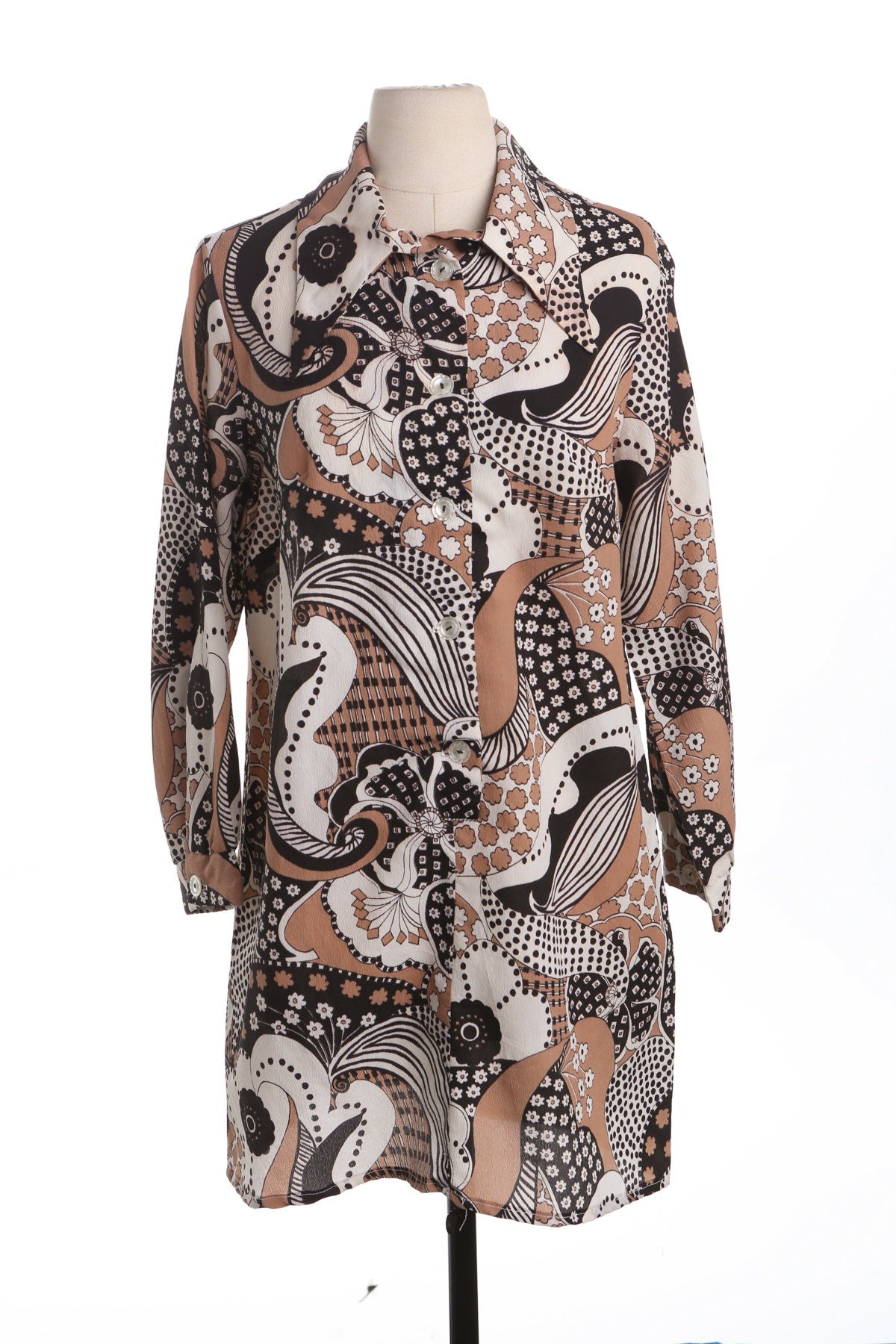 70's Women Floral Abstract Print Mod Dress