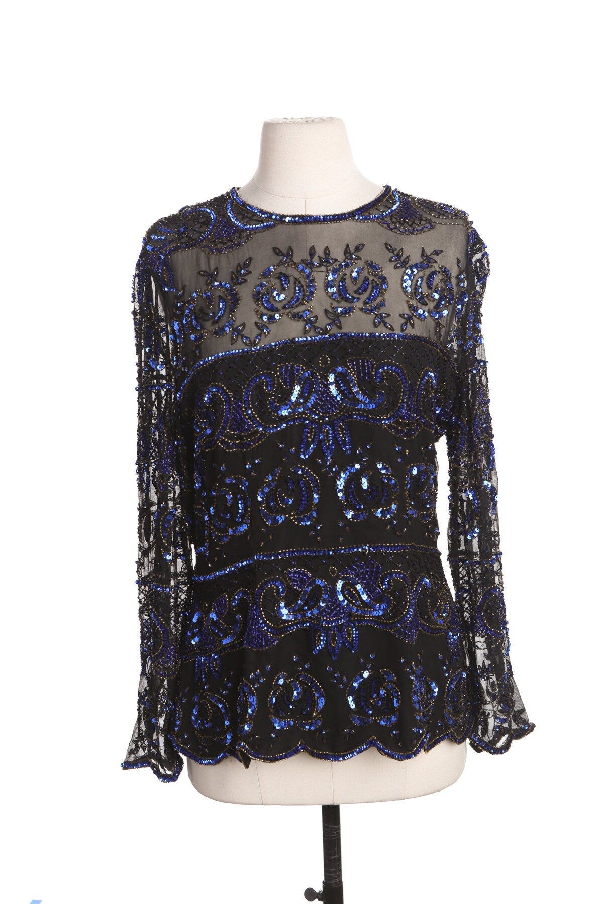 Vintage Women Black Sheer Top with Blue Sequin Flower Details - Era 80's - 90's