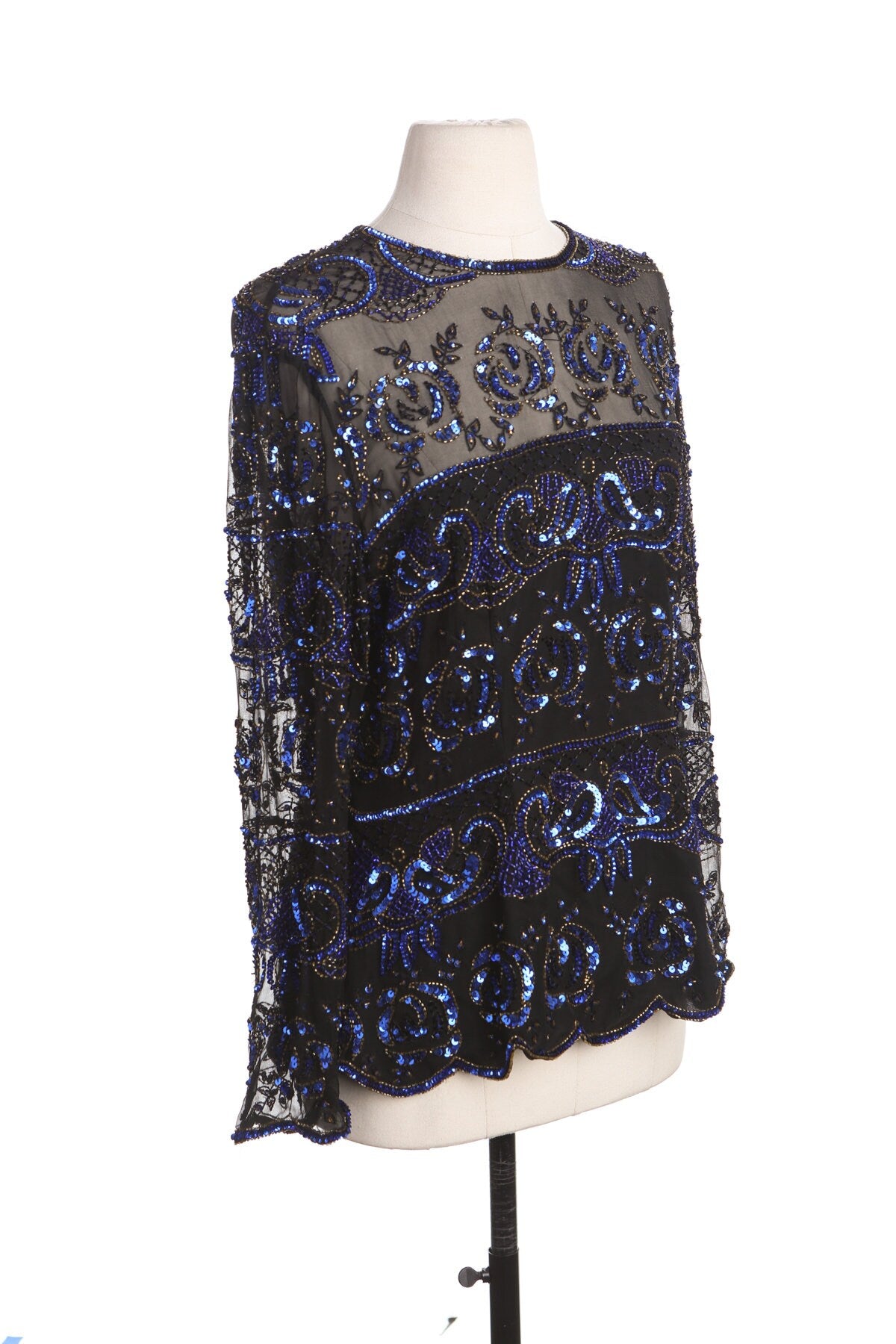 Vintage Women Black Sheer Top with Blue Sequin Flower Details - Era 80's - 90's