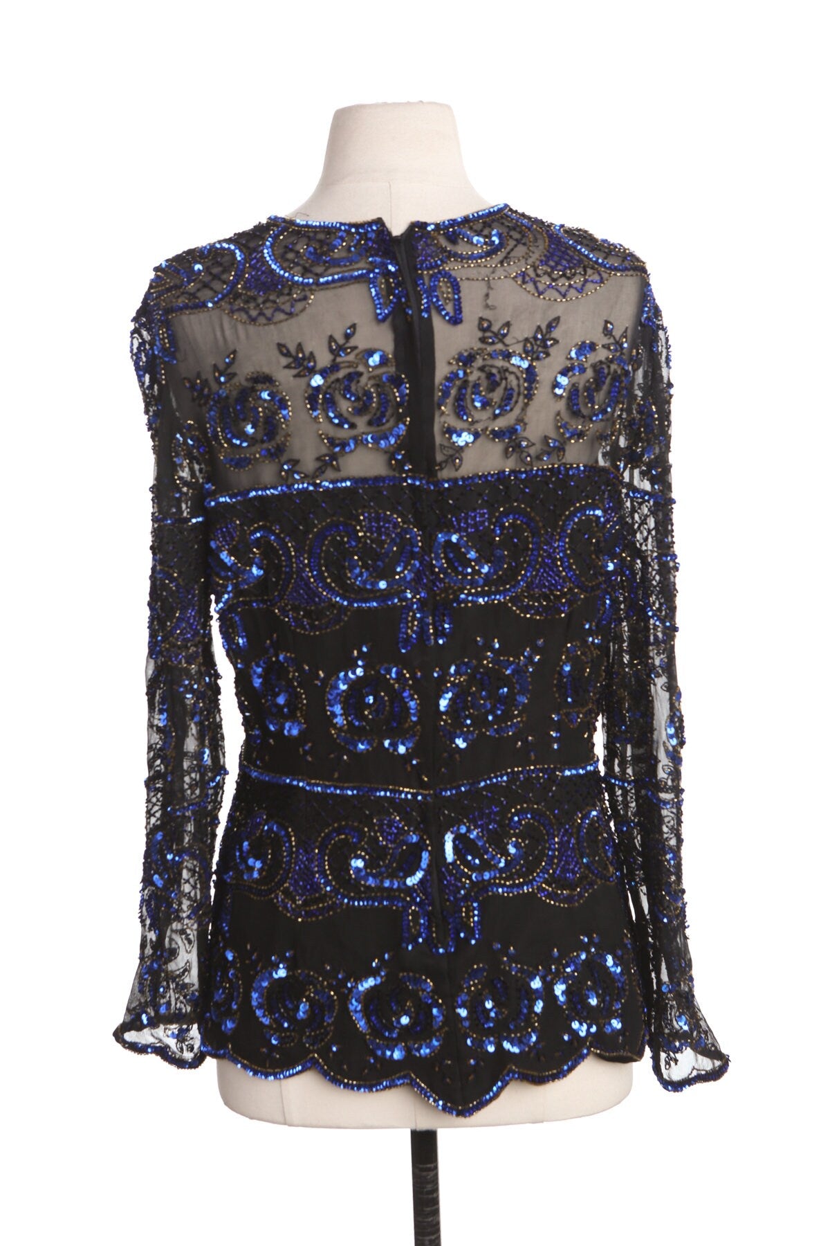 Vintage Women Black Sheer Top with Blue Sequin Flower Details - Era 80's - 90's