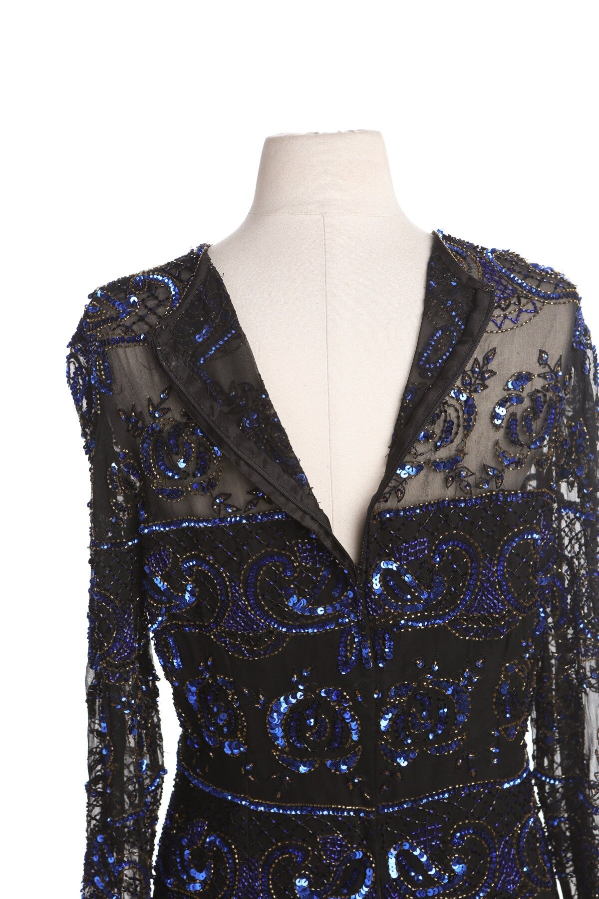 Vintage Women Black Sheer Top with Blue Sequin Flower Details - Era 80's - 90's