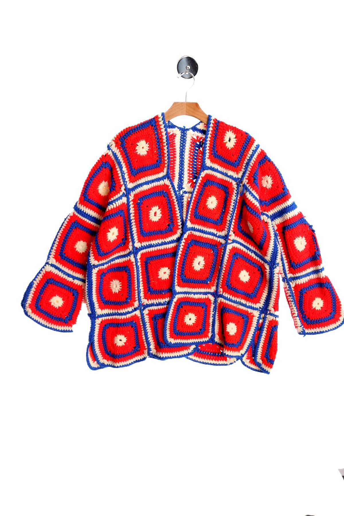 Patchwork Hand Knit Red Blue and White Acrylic Crochet Jacket