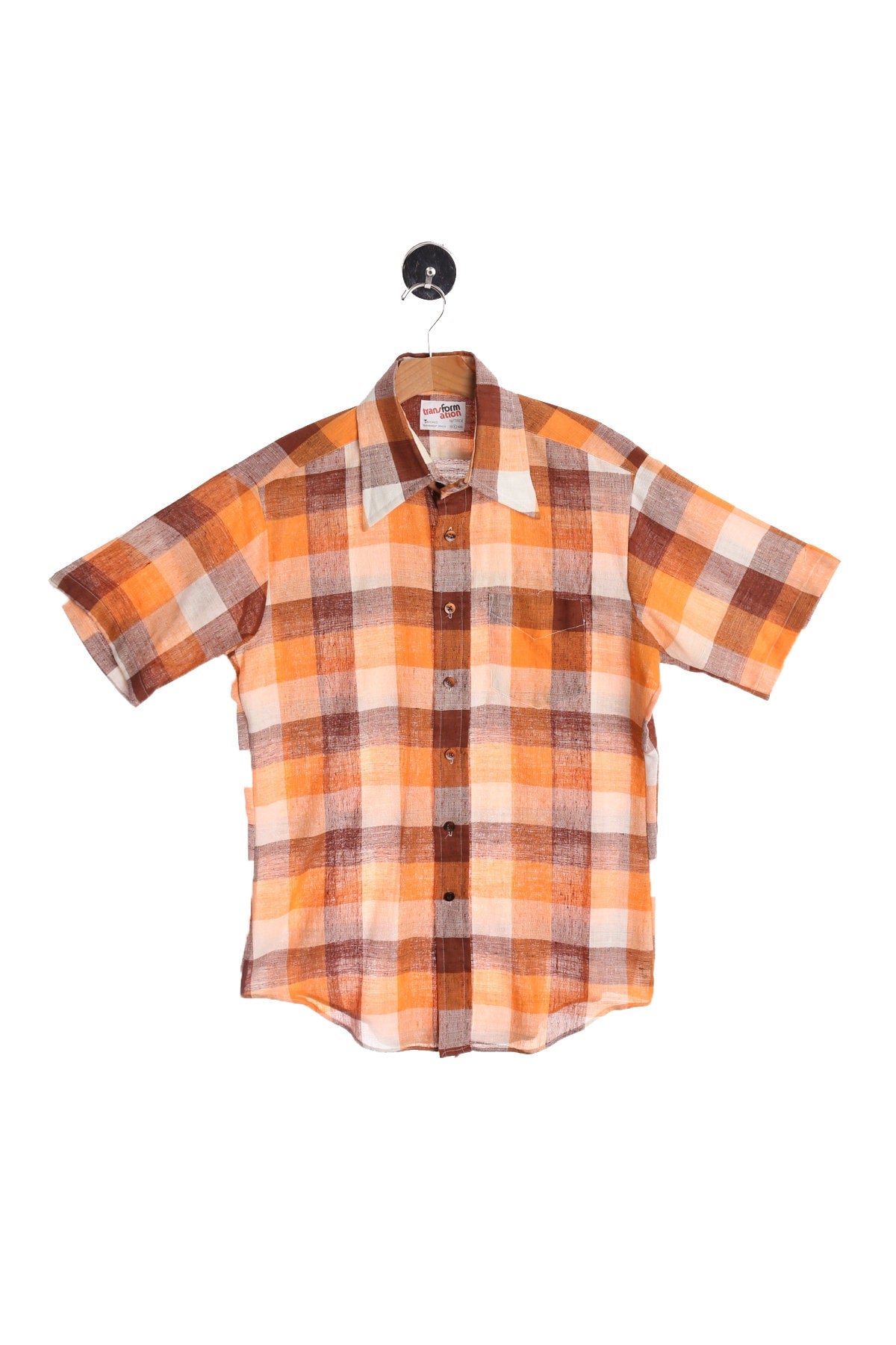 70's Men Brown Plaid Button Short Sleeve Shirt