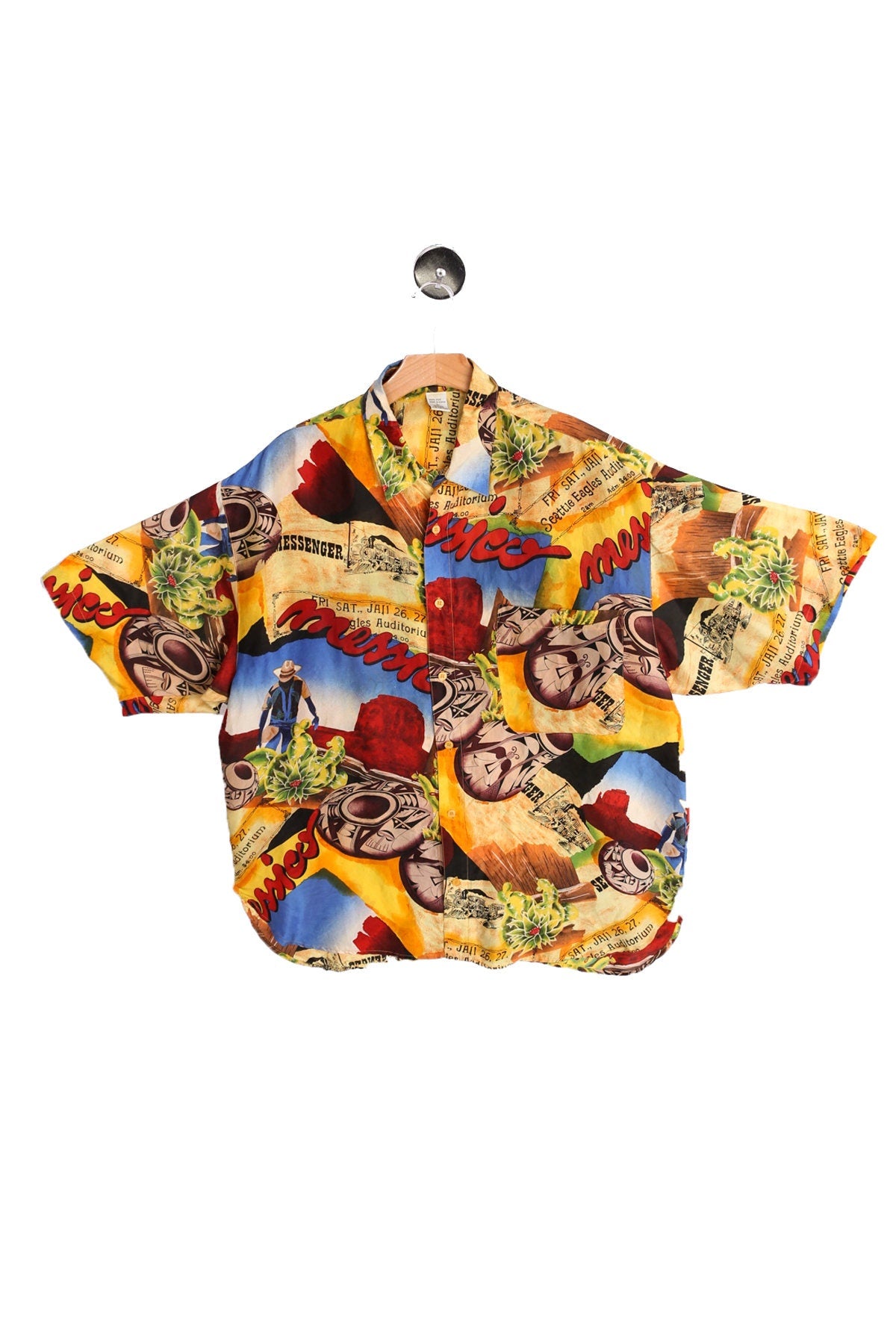 Vintage Silk Shirt - Short Sleeve - Yellow Farmer Ethnic Print - Era 90's - Y2K