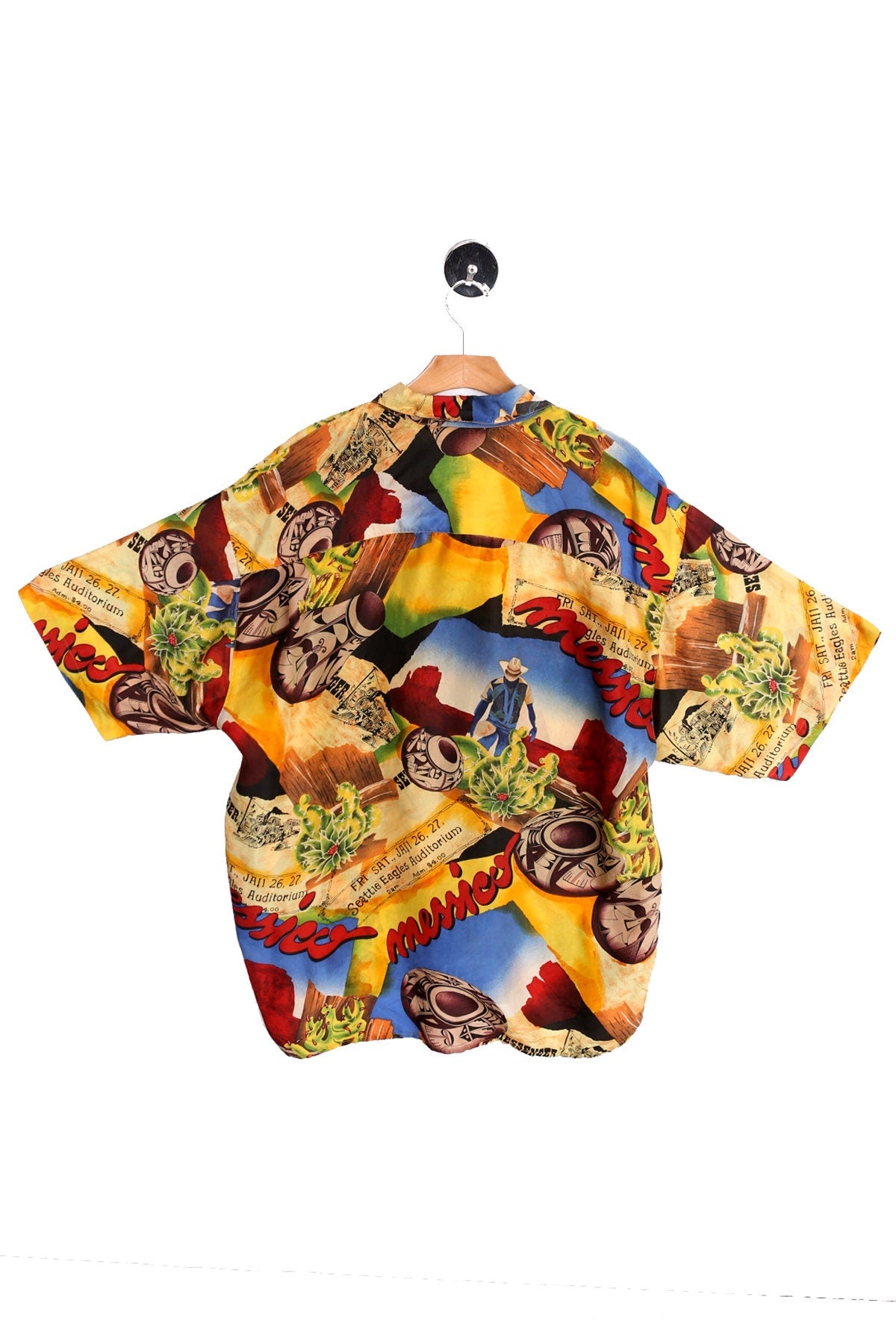 Vintage Silk Shirt - Short Sleeve - Yellow Farmer Ethnic Print - Era 90's - Y2K
