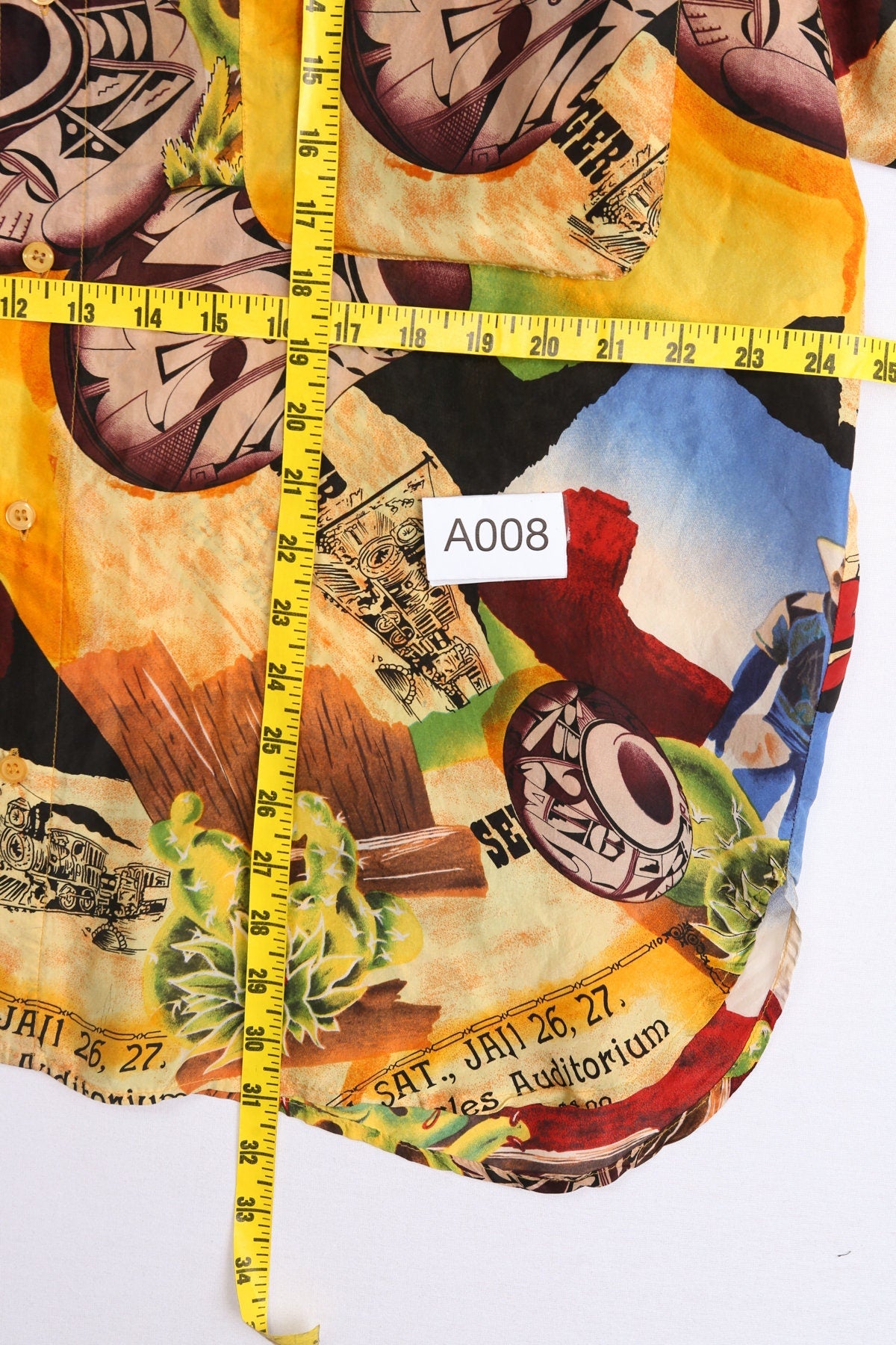 Vintage Silk Shirt - Short Sleeve - Yellow Farmer Ethnic Print - Era 90's - Y2K