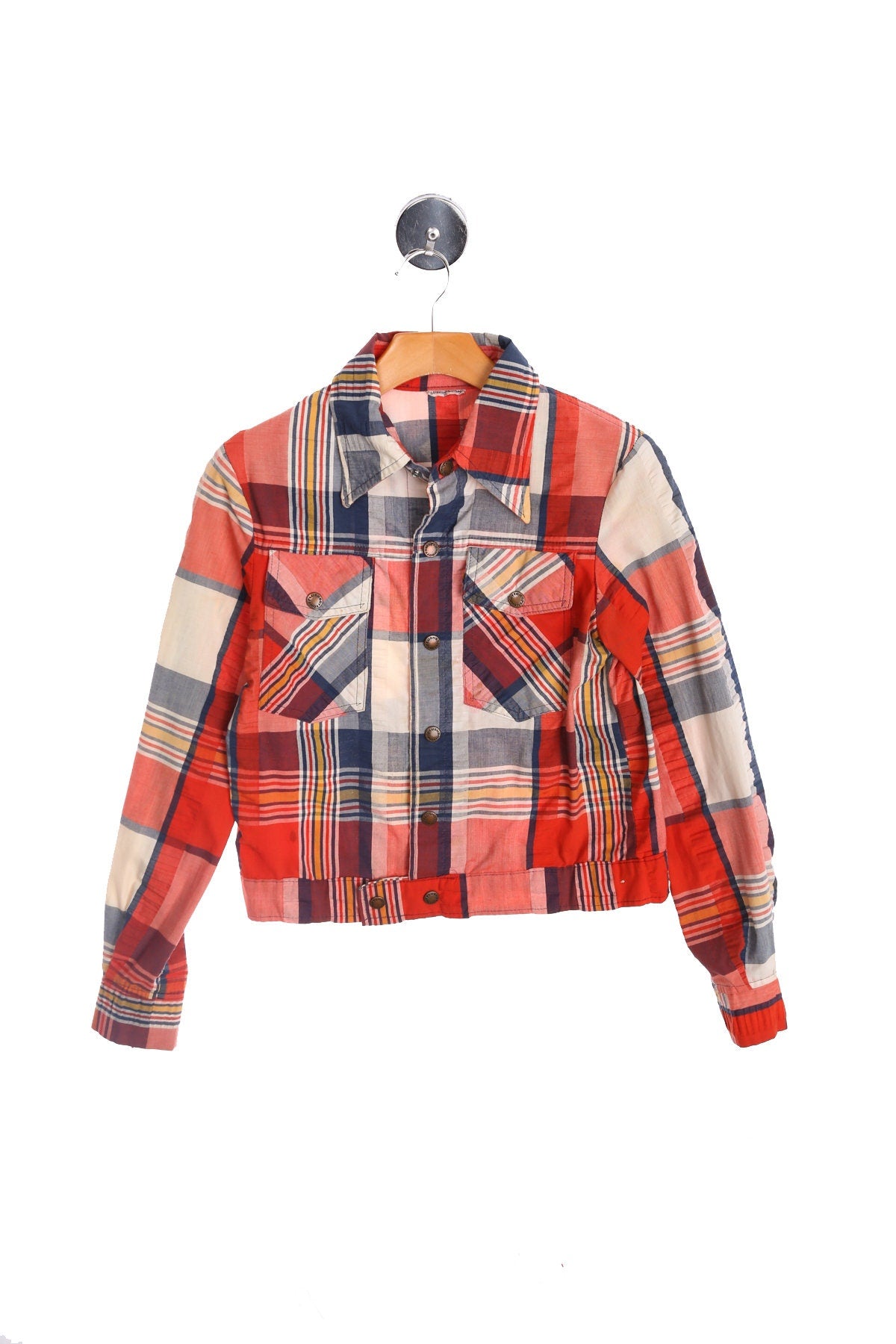 70's Red Plaid Cotton Long Sleeve Jacket