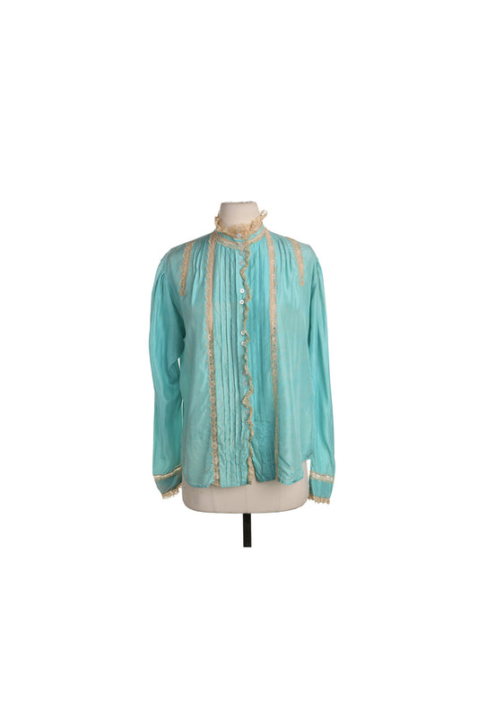 Women Blue Ruffled Silk Blouse