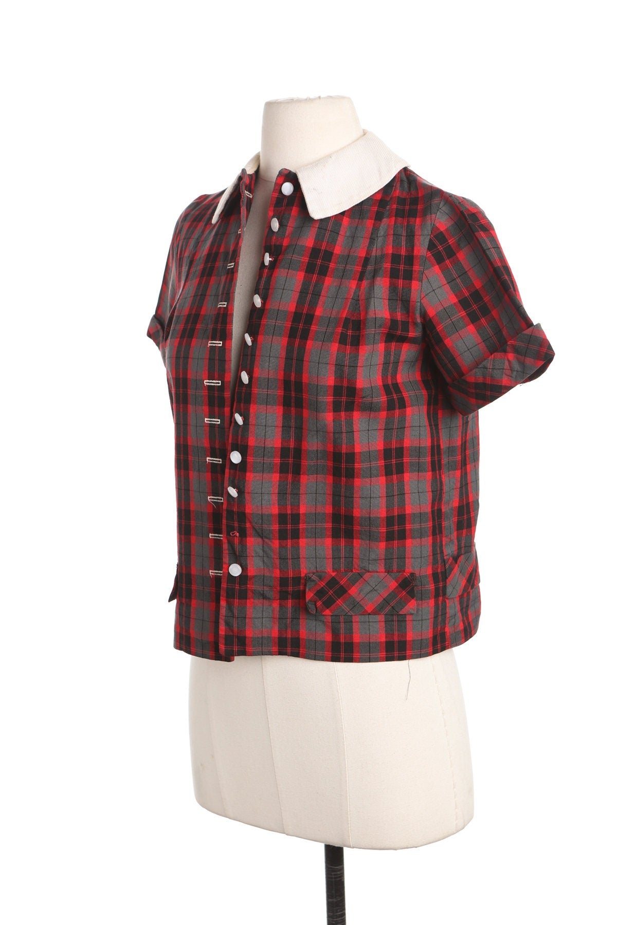 Vintage Women Red Plaid Top - Era 40's - 50's