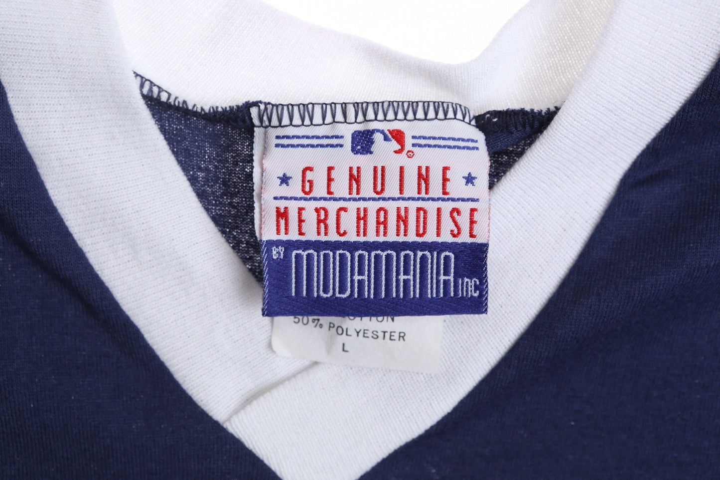 Vintage Blue Baseball V Neck T-shirt with Indians Red Print