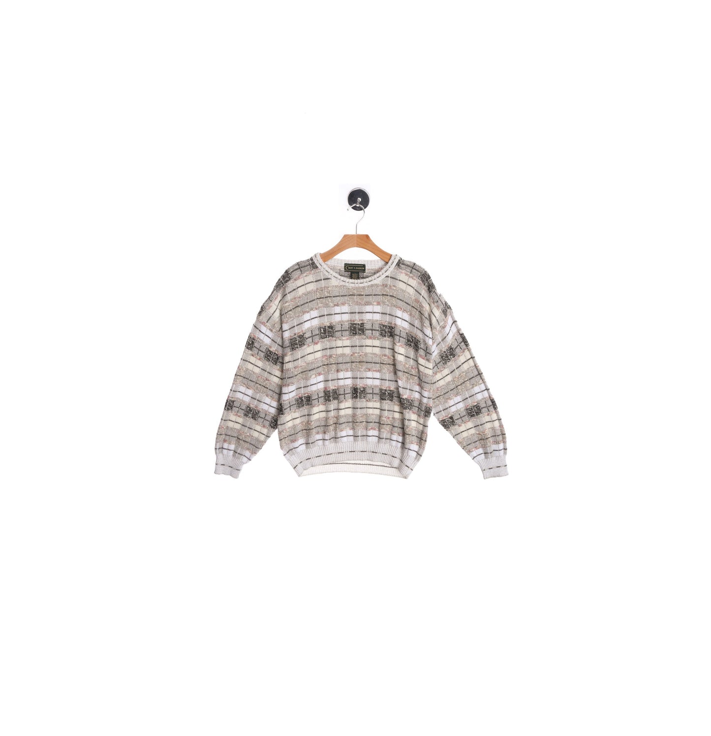 Men 90's Crew Neck Sweater - White and Beige Plaid Details