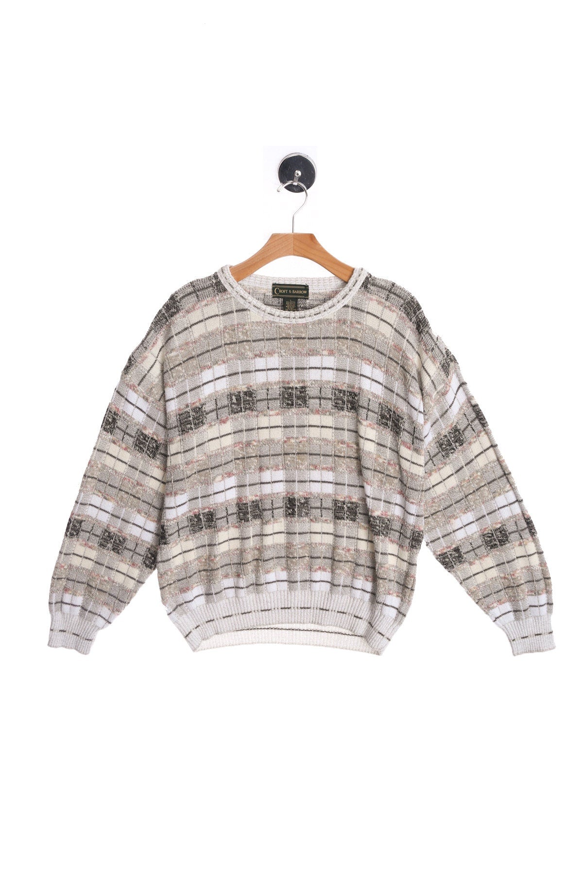 Men 90's Crew Neck Sweater - White and Beige Plaid Details