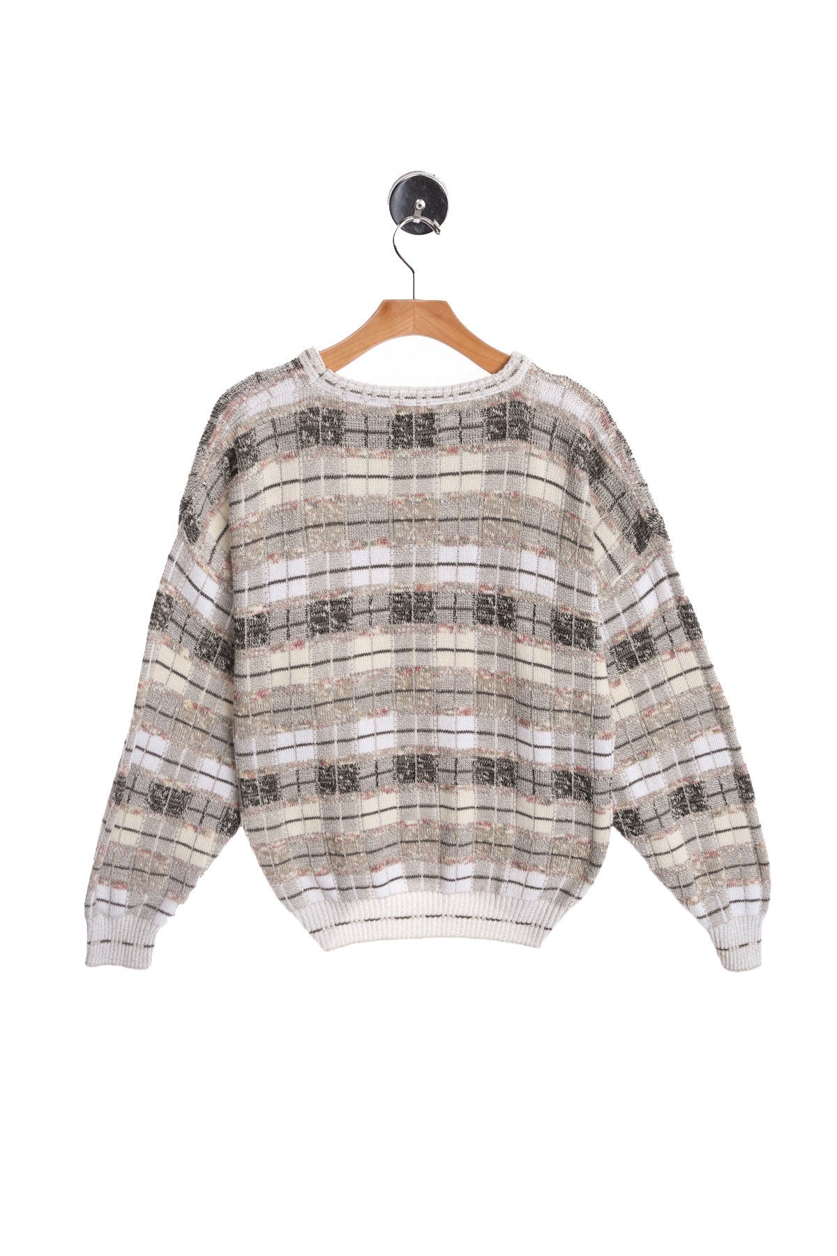 Men 90's Crew Neck Sweater - White and Beige Plaid Details