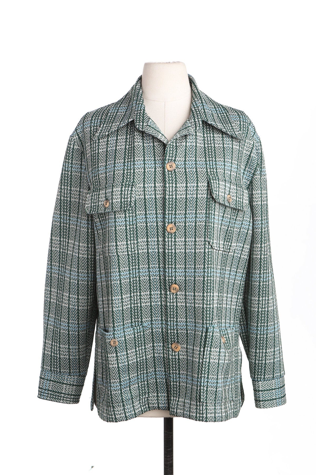 70's Men Green Plaid Button Shirt - Four Pockets