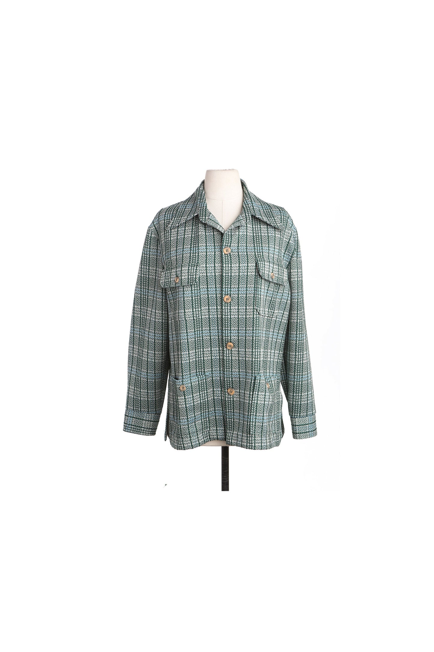 70's Men Green Plaid Button Shirt - Four Pockets