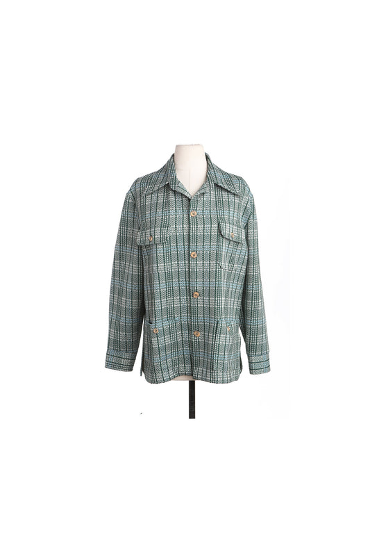 70's Men Green Plaid Button Shirt - Four Pockets