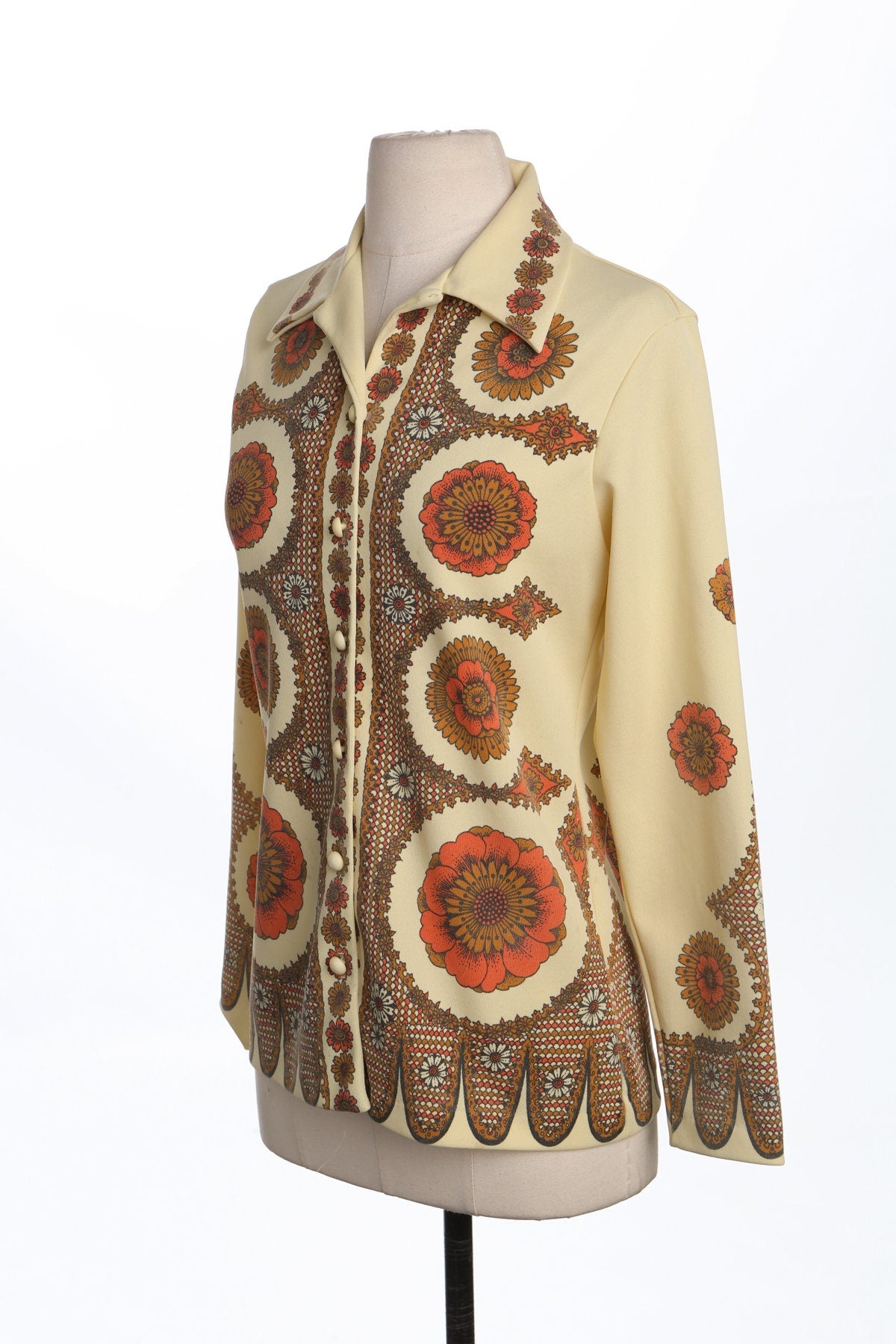 70's Yellow Poly Top - Floral Print - Butterfly Neck