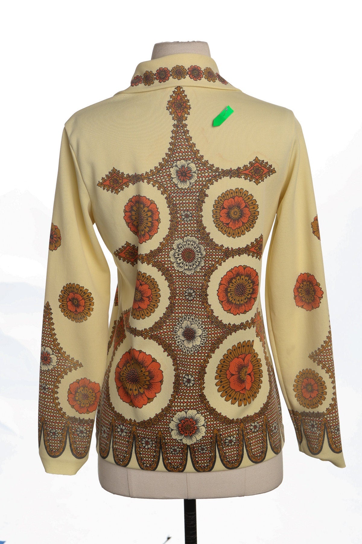 70's Yellow Poly Top - Floral Print - Butterfly Neck