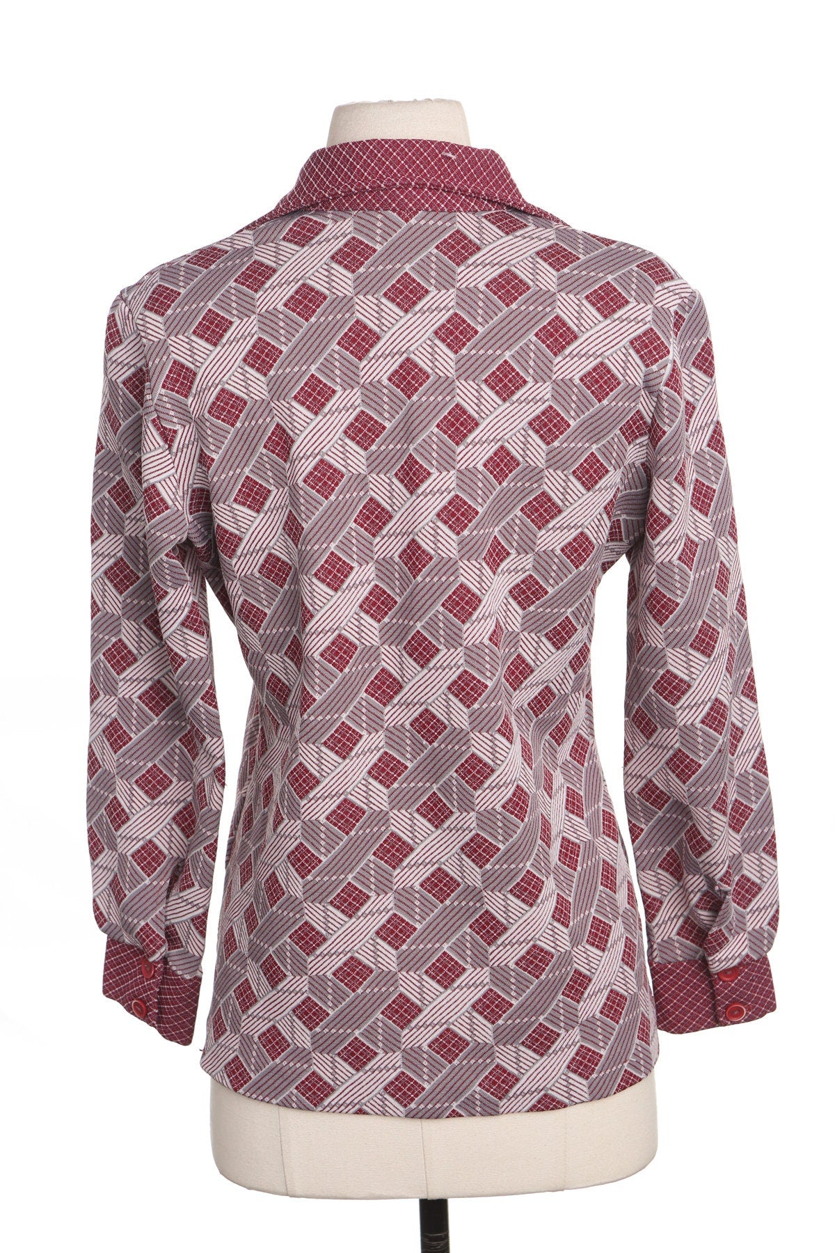 70's Red Poly Top - Butterfly Neck - Geometric Print