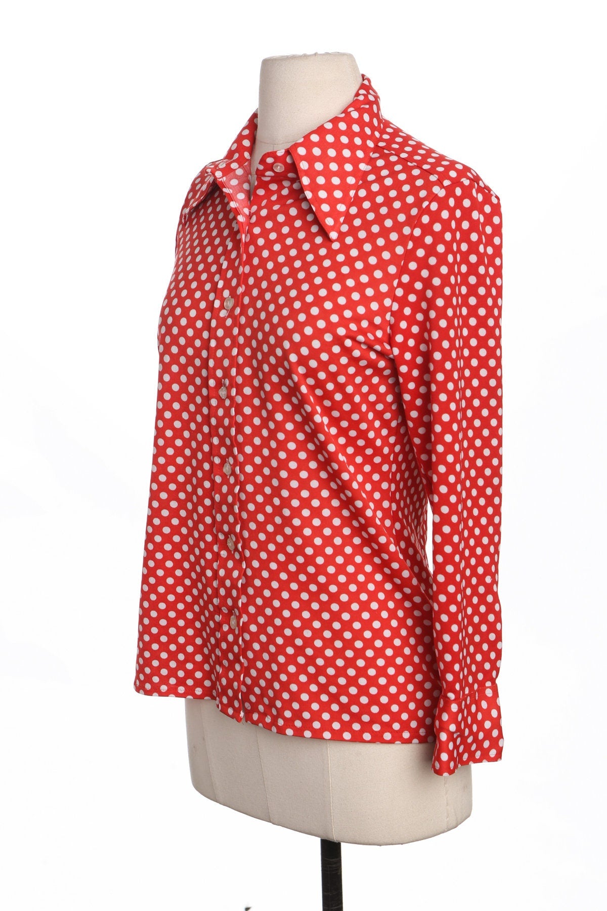 70's White Polka Dot Red Poly Top