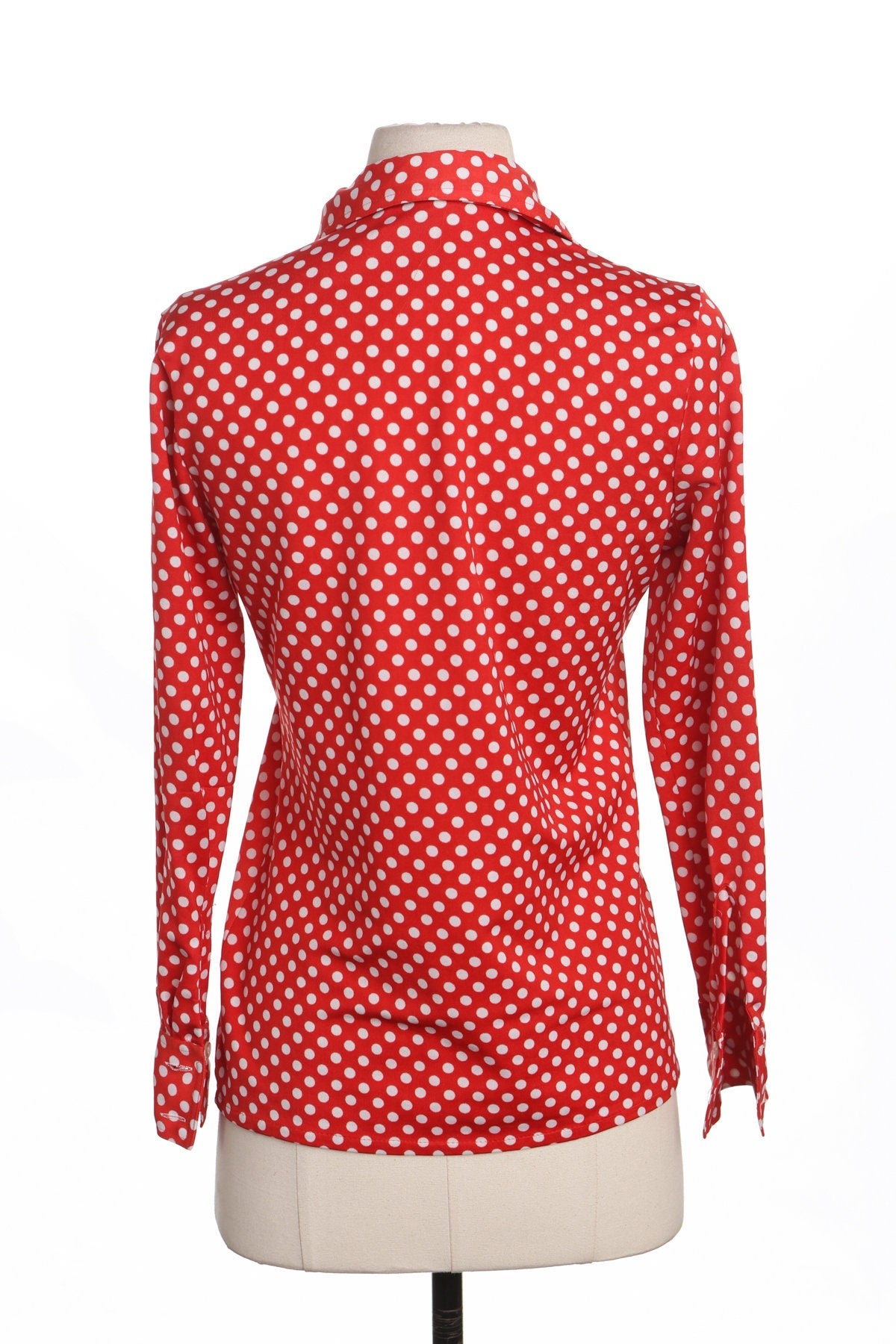 70's White Polka Dot Red Poly Top