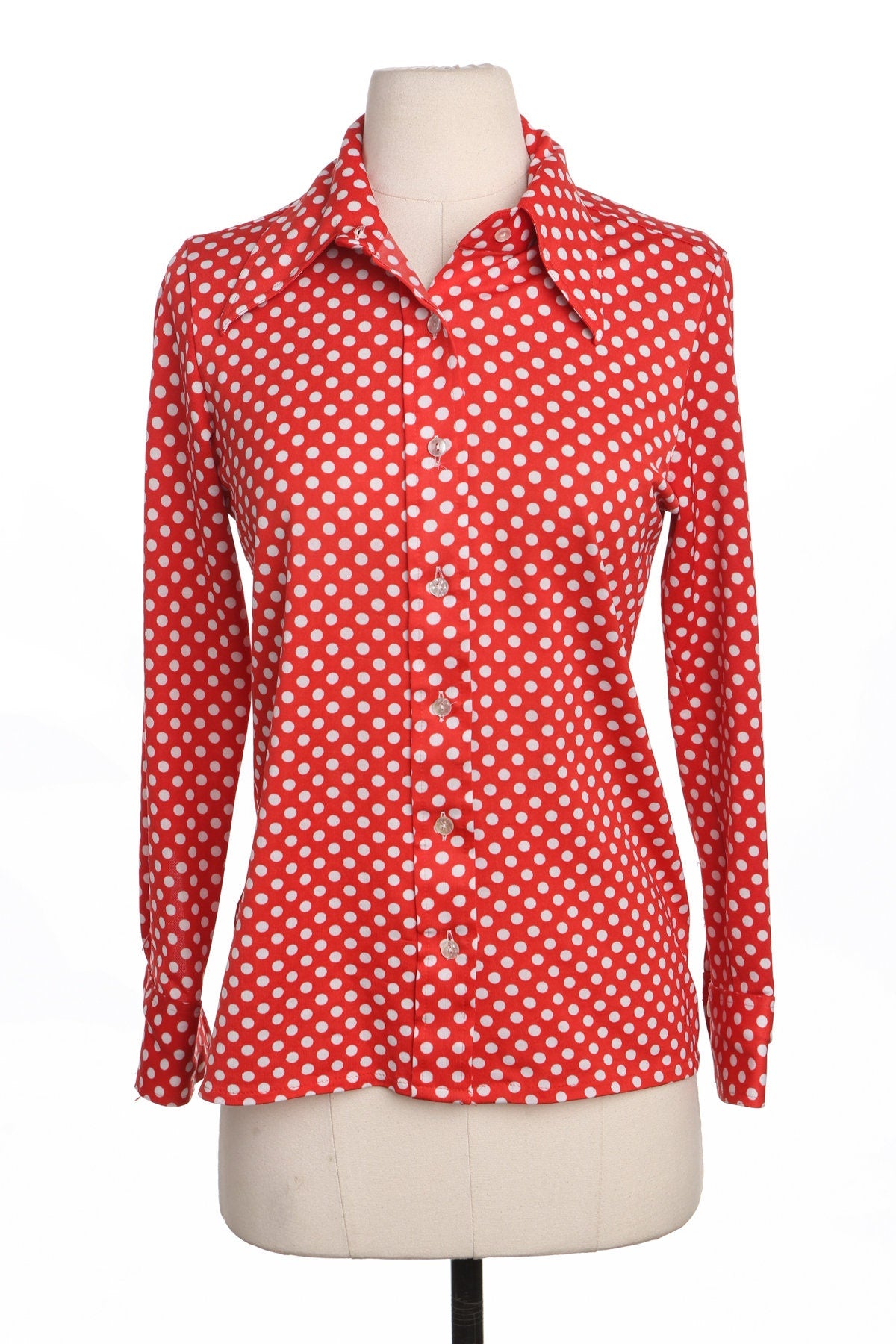 70's White Polka Dot Red Poly Top
