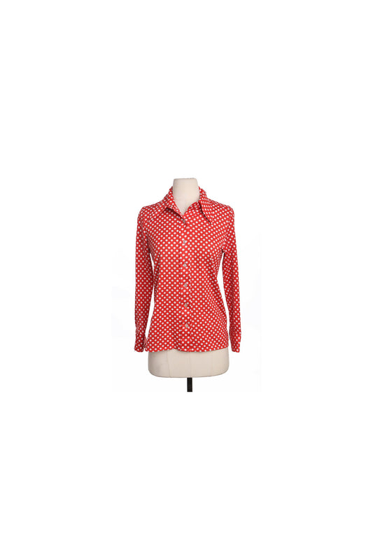 70's White Polka Dot Red Poly Top