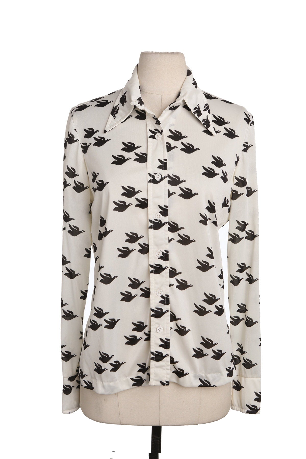 70's Women White Poly Top - Flying Ducks Print