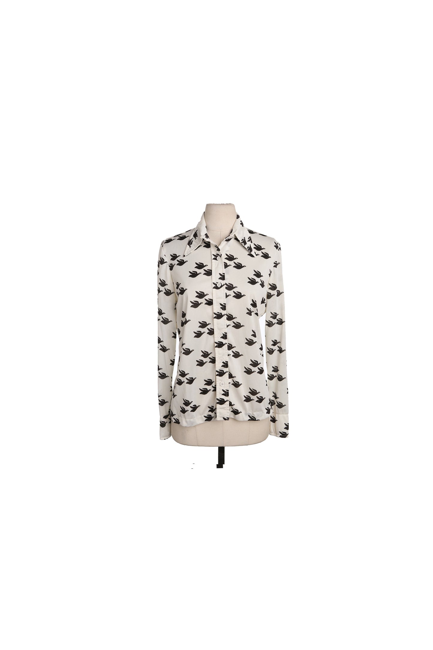 70's Women White Poly Top - Flying Ducks Print