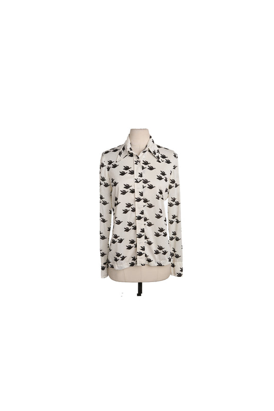 70's Women White Poly Top - Flying Ducks Print