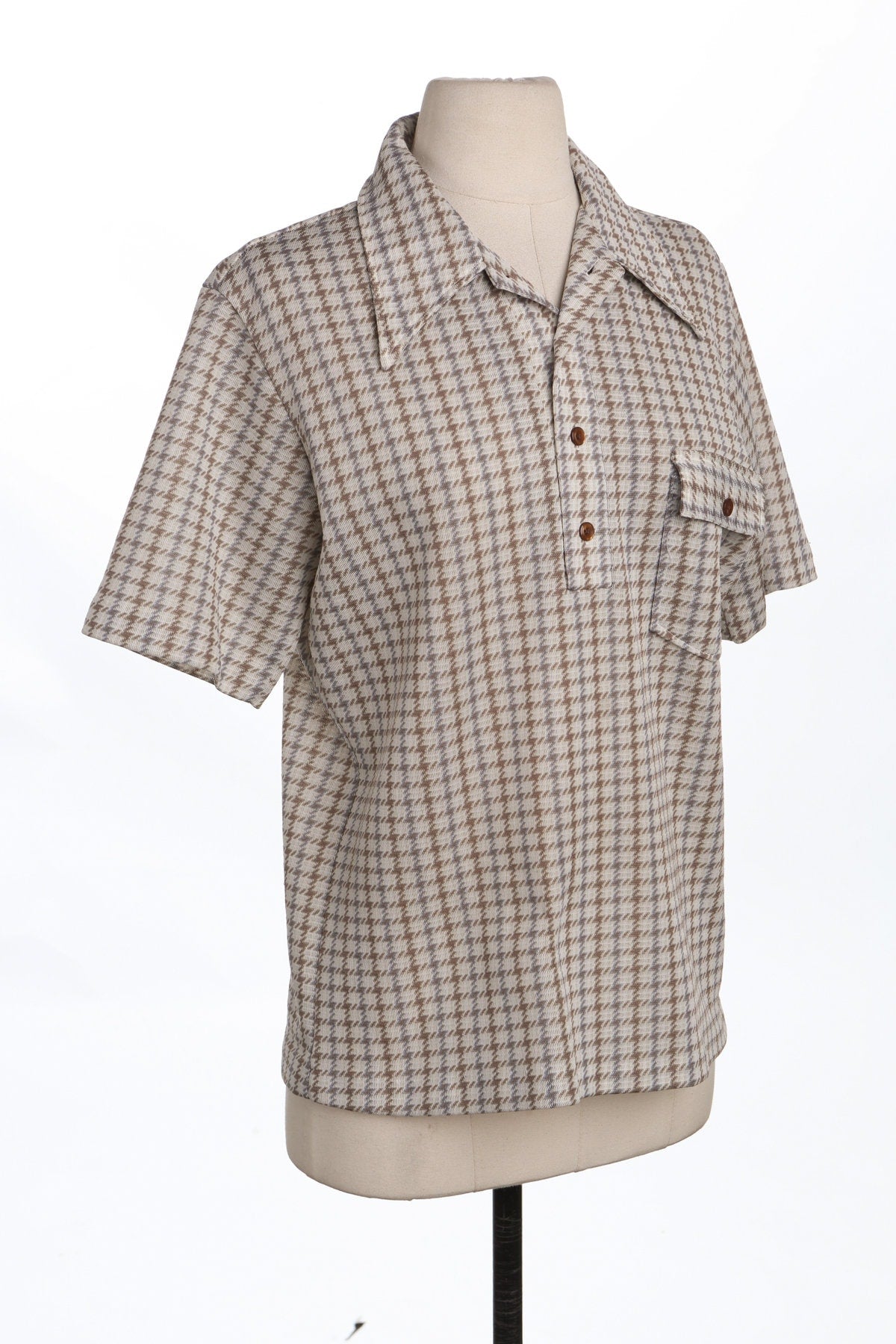 70's Men Plaid Brown Poly Shirt