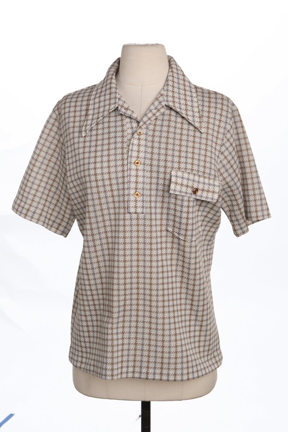 70's Men Plaid Brown Poly Shirt