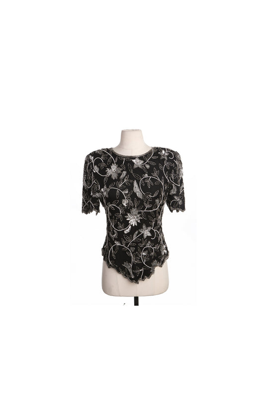 Women Black Top with Silver Sequin Details - Era 80's - 90's