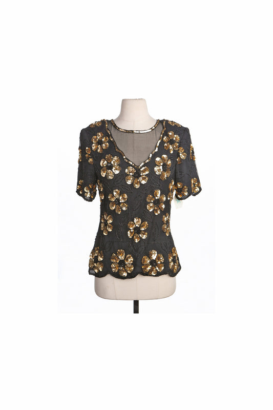 90's Women Black Top with Golden Sequin Flower Designs