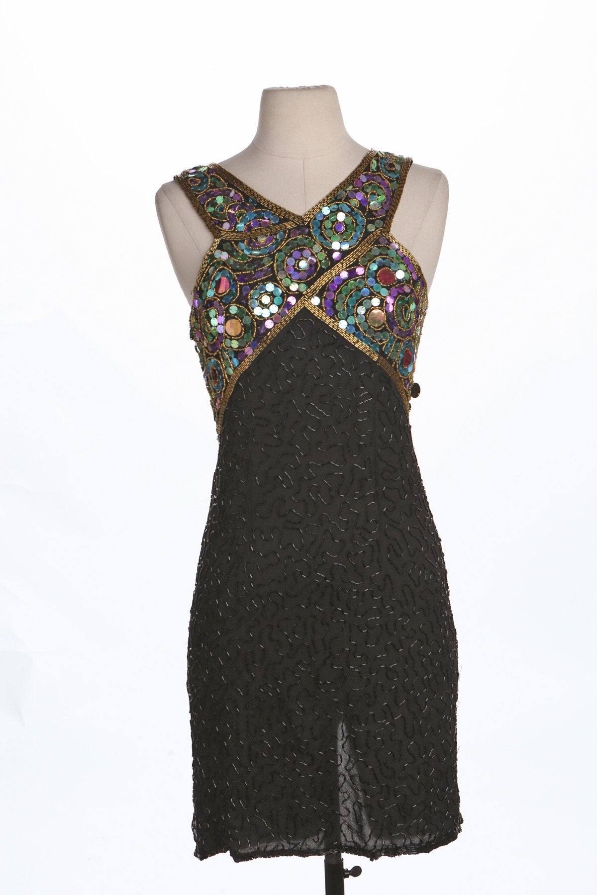 Women Black Sequin Dress - Sleeveless - Era 80's - 90's by Laurence Kazar