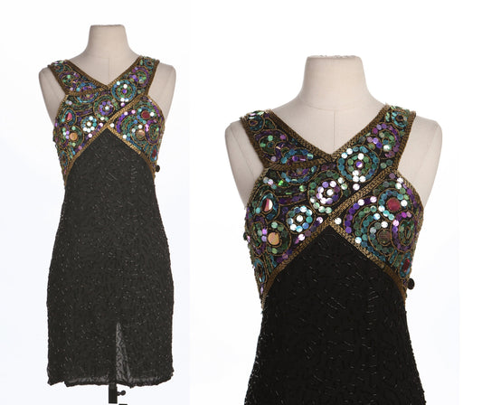 Women Black Sequin Dress - Sleeveless - Era 80's - 90's by Laurence Kazar