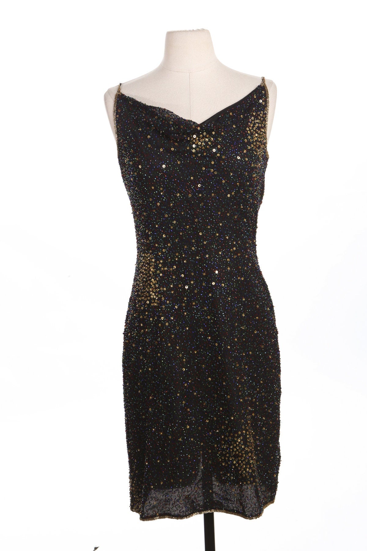 Women Black and Golden Sequin Evening Dress