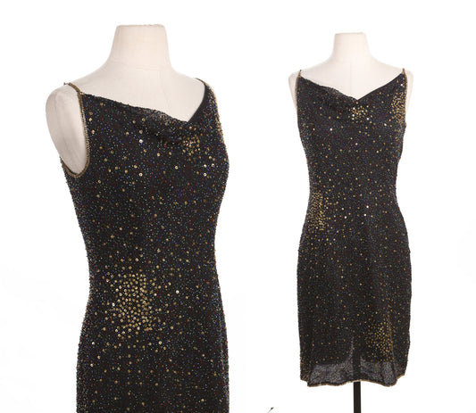 Women Black and Golden Sequin Evening Dress