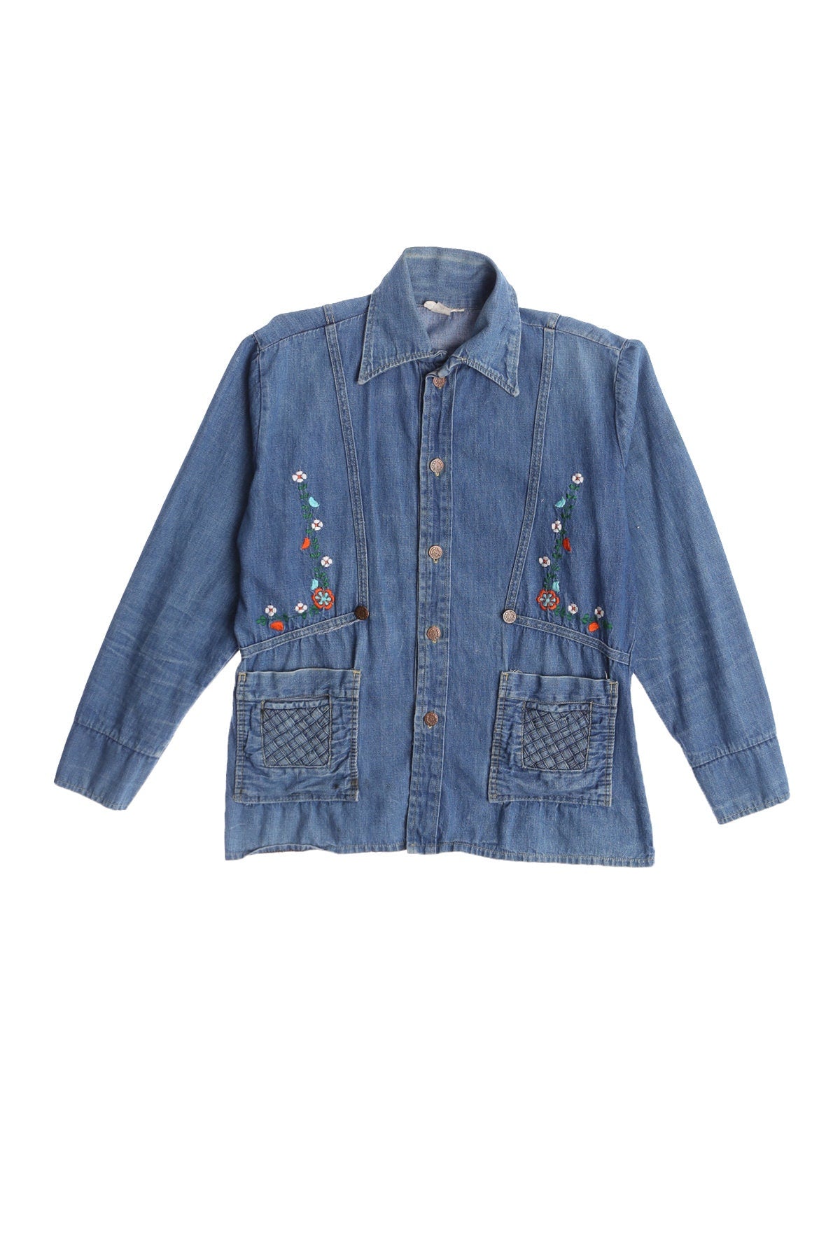 70's Denim Jacket with Embroidered Flowers - Hippie / Boho