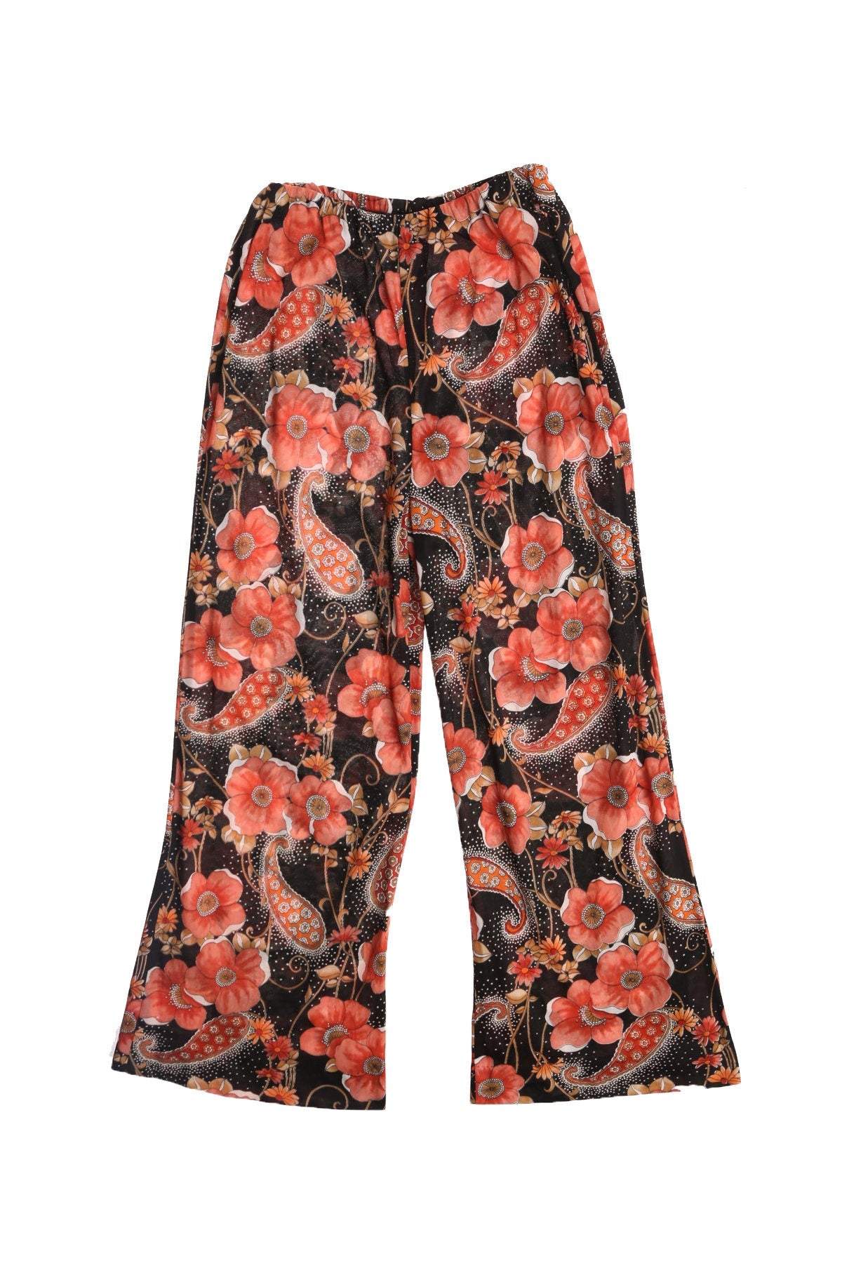 70's Women Red and Black Floral Print High Waist Polyester Pants