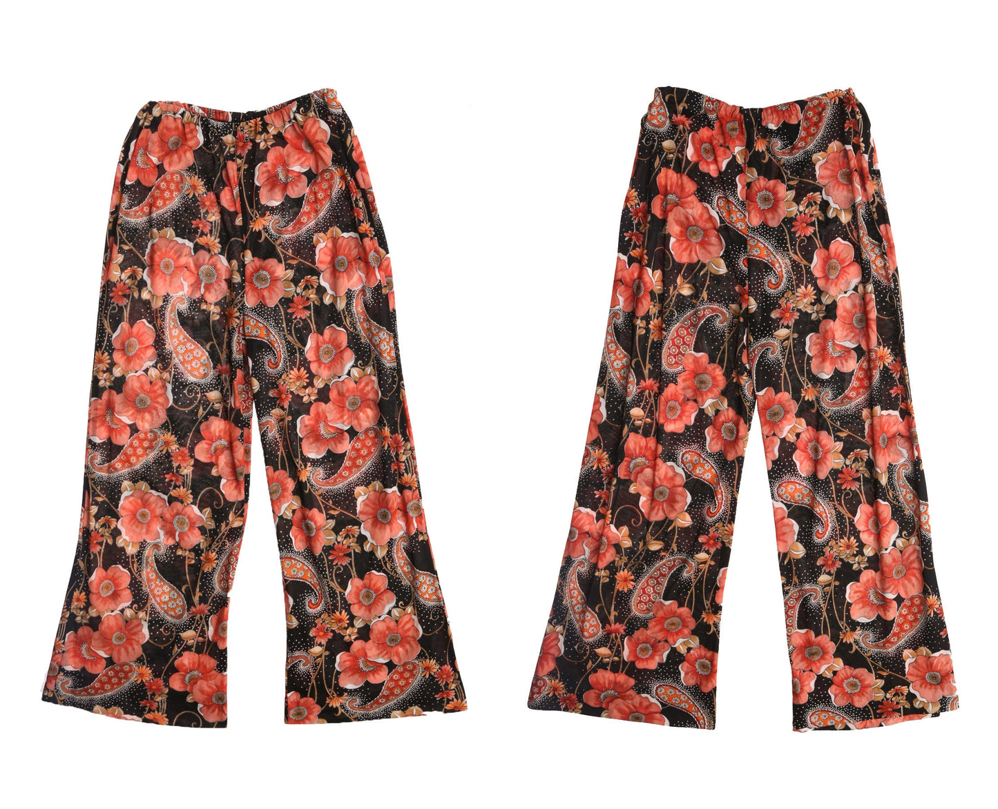 70's Women Red and Black Floral Print High Waist Polyester Pants
