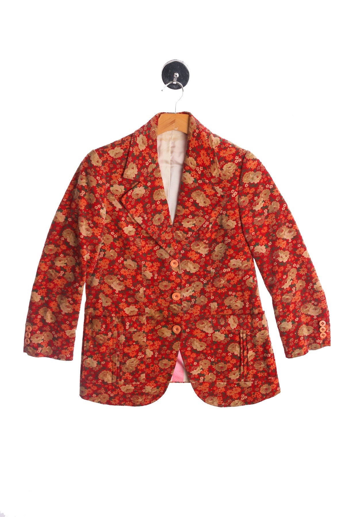 Vintage Women Red Floral Print Velvet Suit - Era 60's - 70's