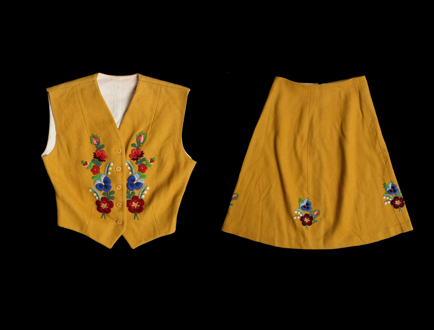 Vintage Women Yellow Flower Embroidered Two Piece Suit