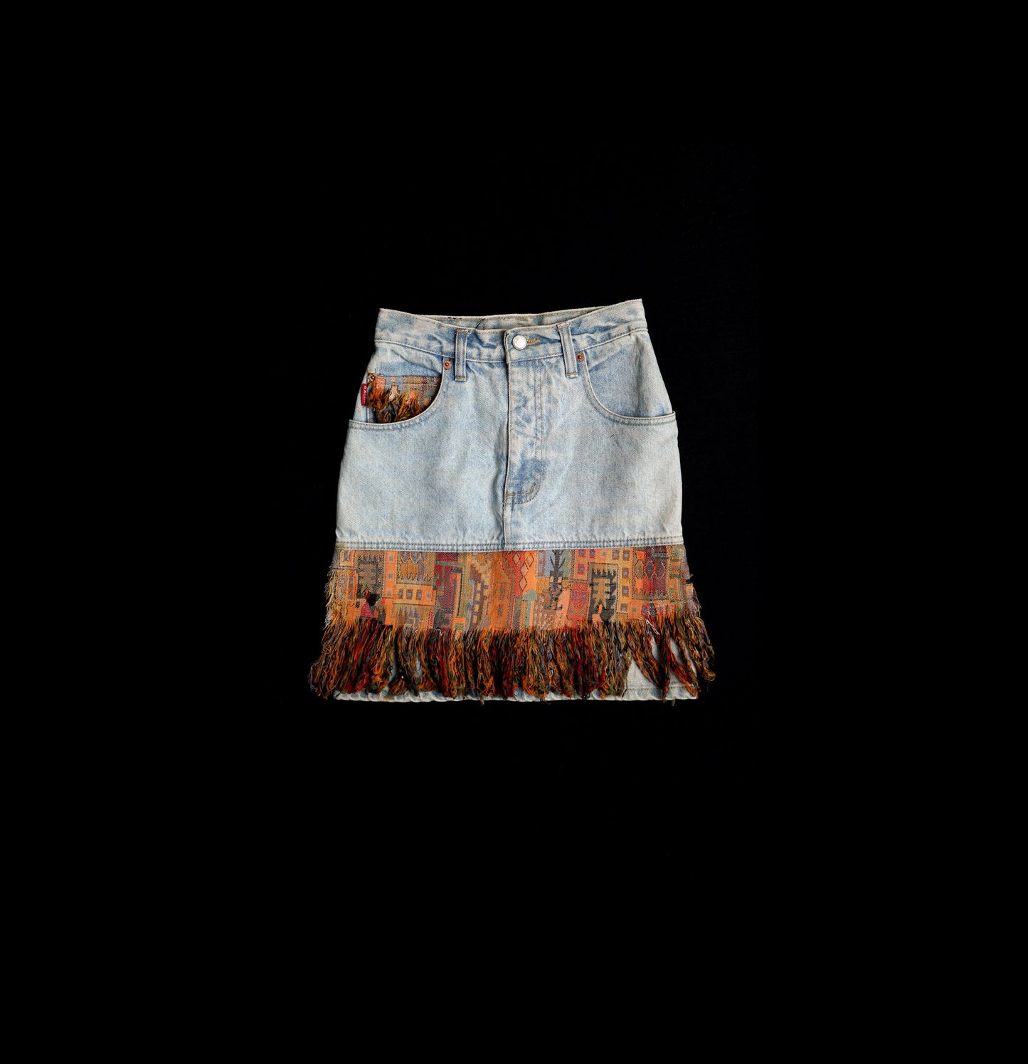 Vintage Women Denim Skirt with Tapestry Fringe Details
