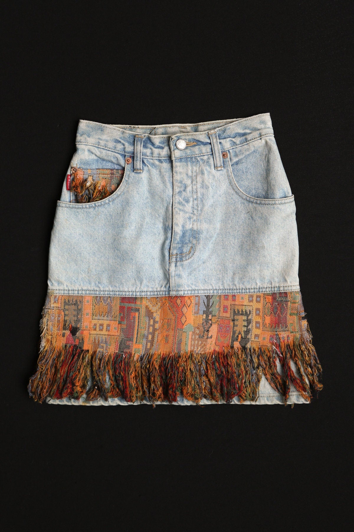 Vintage Women Denim Skirt with Tapestry Fringe Details