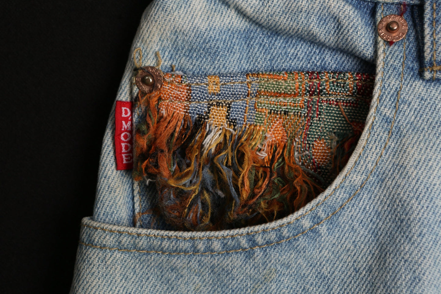 Vintage Women Denim Skirt with Tapestry Fringe Details
