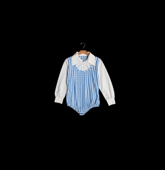 Vintage Women White Leotard Top - Blue Plaid Top