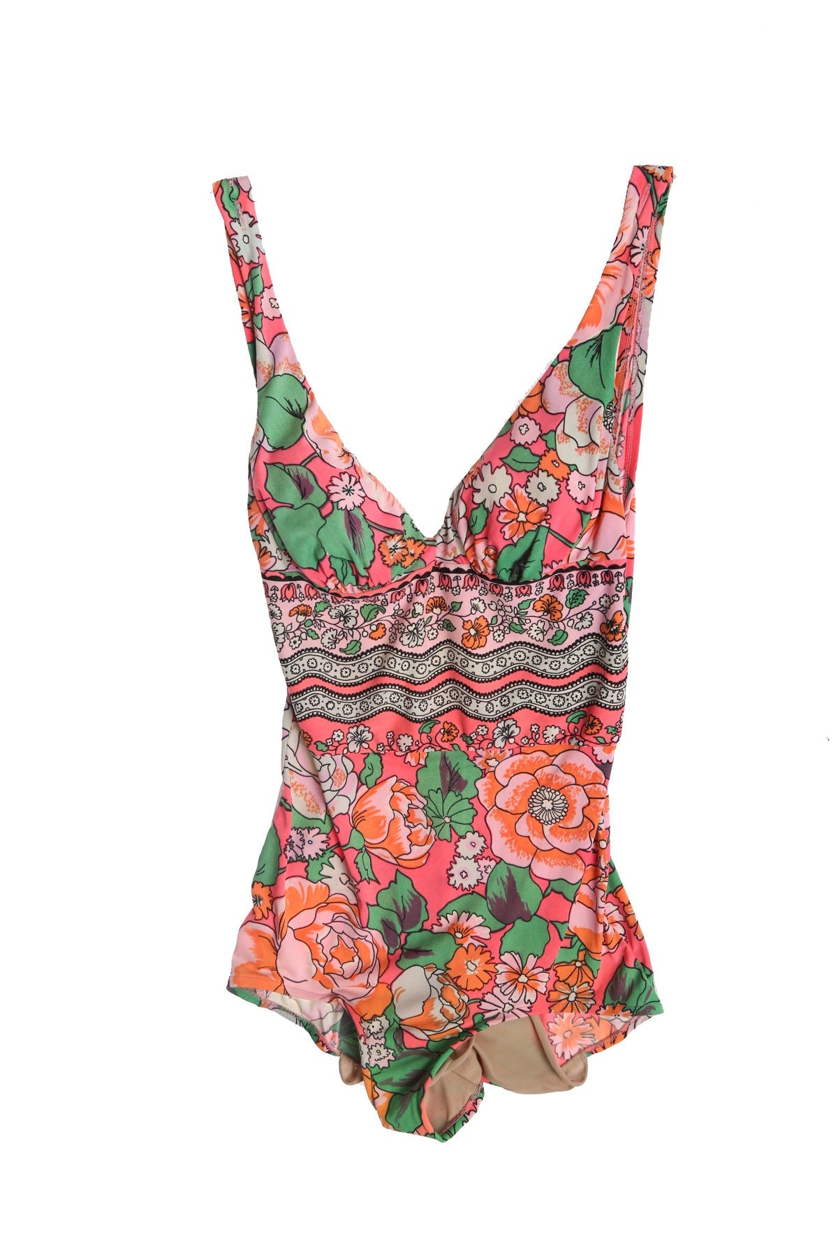 Vintage Women Floral Print Pink Swimsuit - Era 70's - 80's