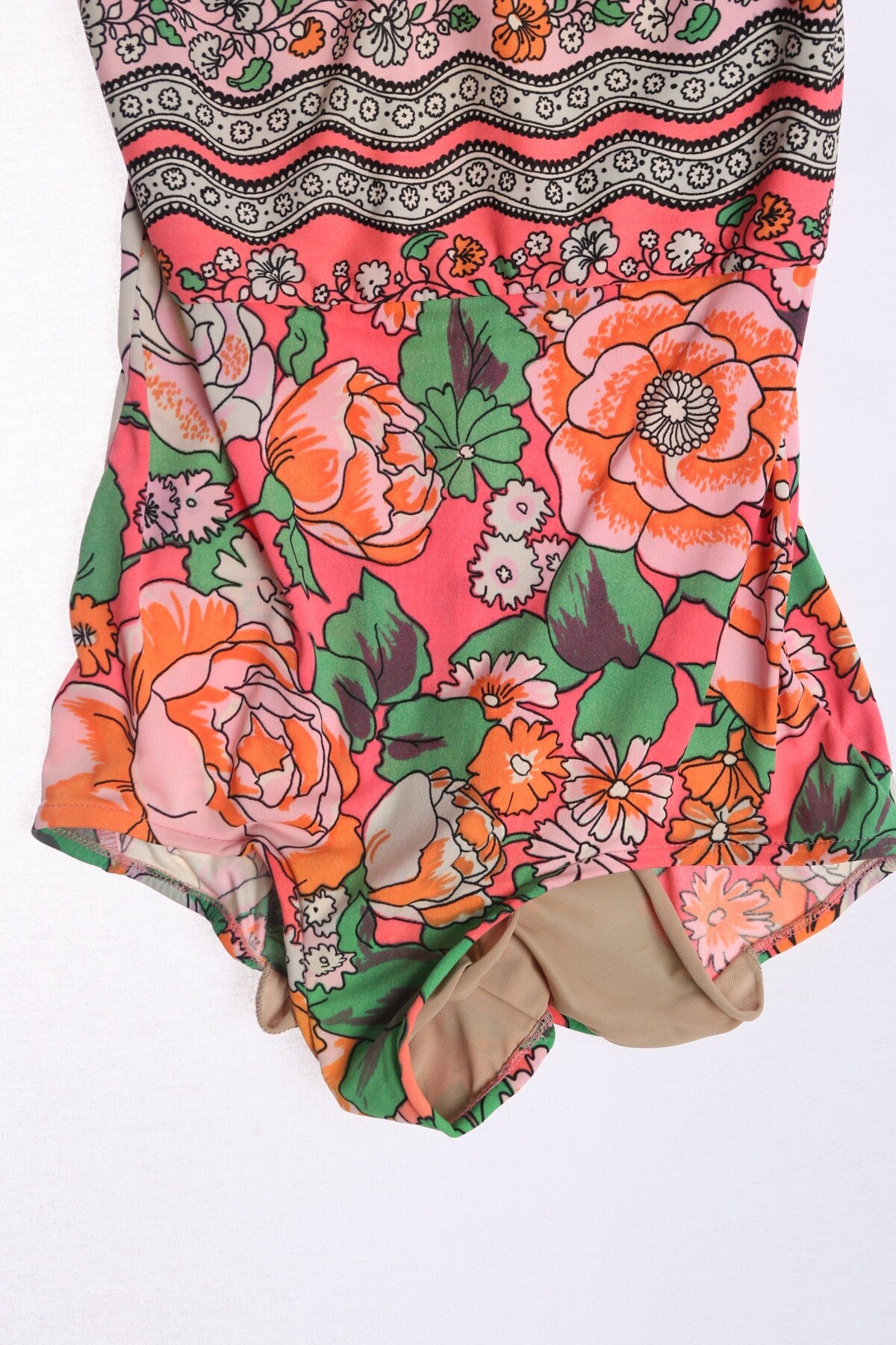 Vintage Women Floral Print Pink Swimsuit - Era 70's - 80's