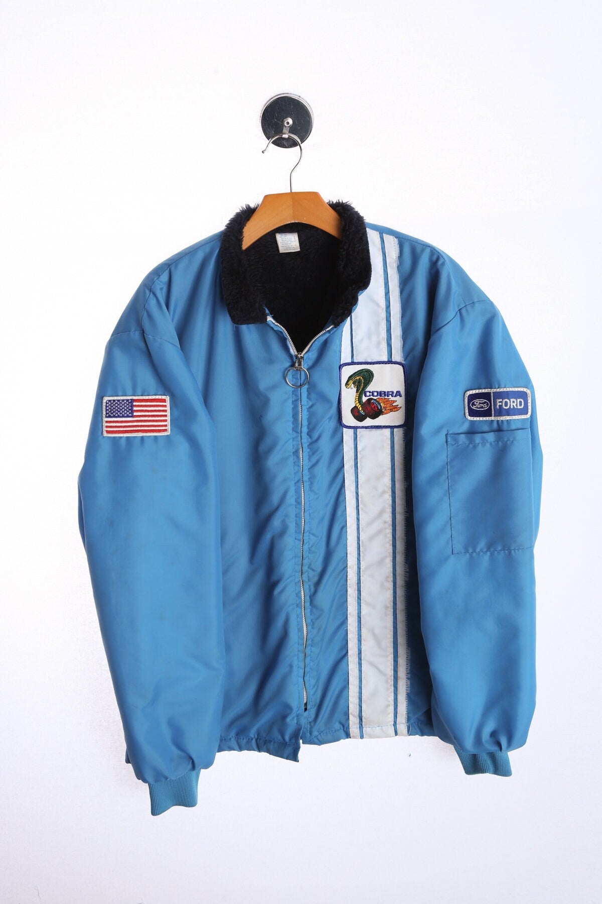 Vintage Blue Nylon Racing Jacket with Cobra Patch - Era 70's - 80's